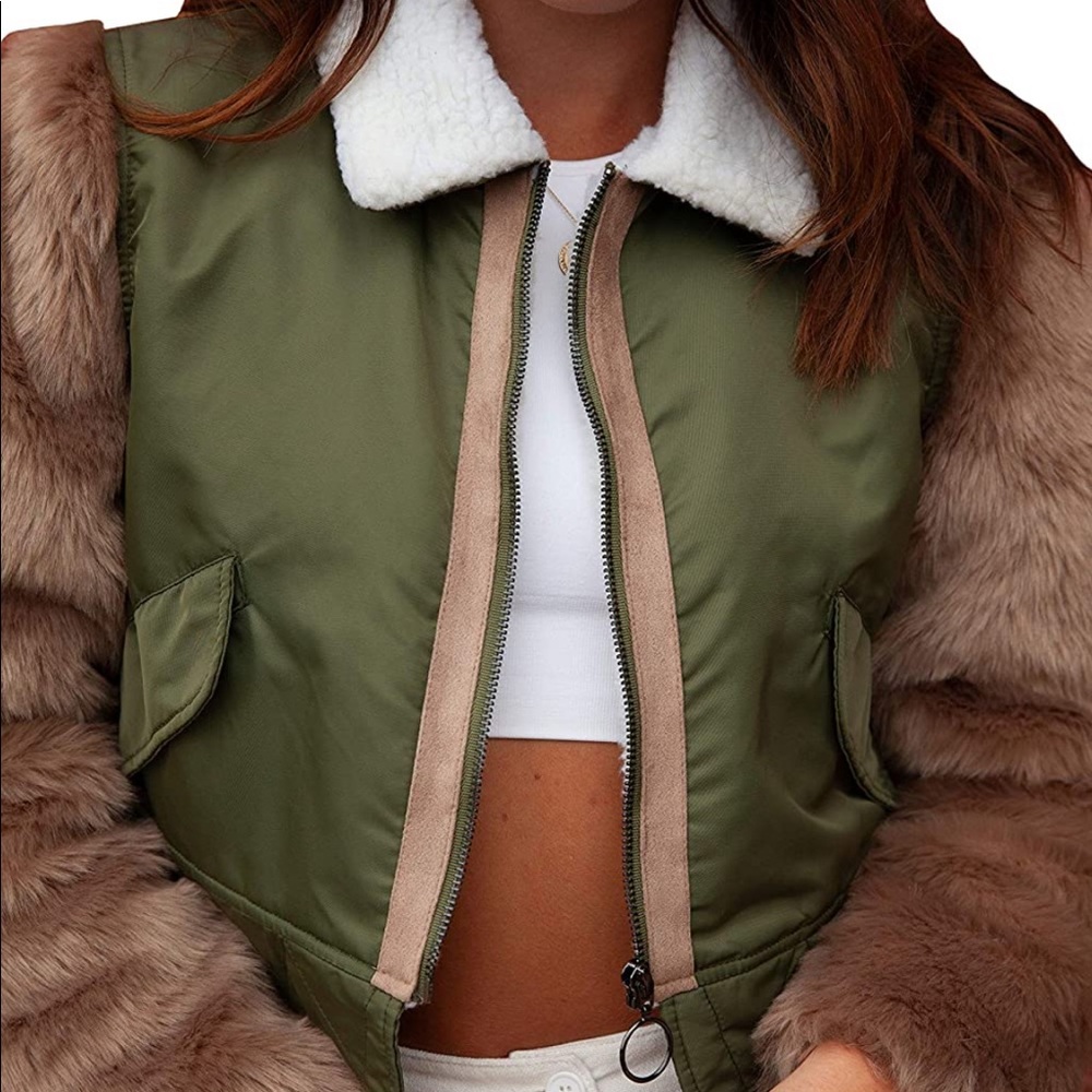 Shaci Green cropped bomber jacket with faux fur